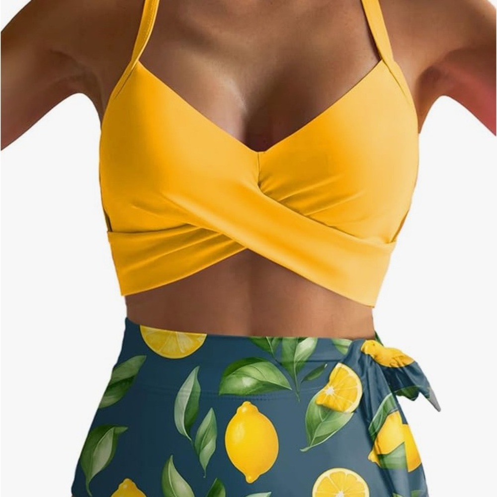 Women’s Yellow Wrap Criss Cross Back Tie Knot Bikini Top Size L Swimwear Beach